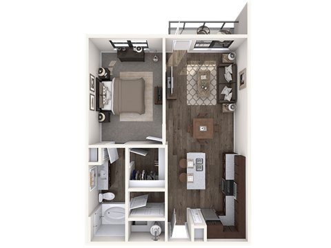 Floor plan for 1 bed, 1 bath, 747 sqft